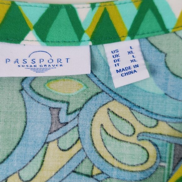 Susan Graver Passport Size L Green Blue Mustard Button Front Relaxed Top Blouse - Picture 6 of 7